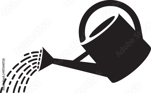 Black silhouette of a watering can pouring a stream of water droplets onto a white background, representing gardening and hydration concepts