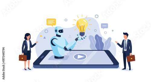 Artificial intelligence robot coming out of a smartphone screen holding a lightbulb between two business people.