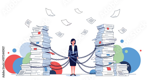 Businesswoman standing between two high stacks of paper while being wrapped in heavy chains representing bureaucracy.
