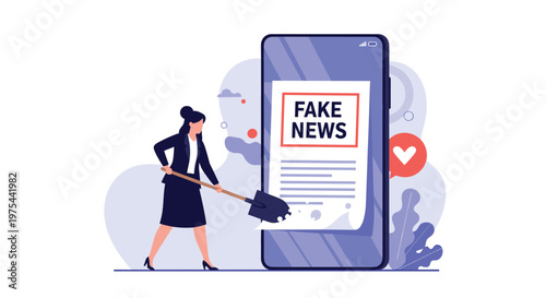 Woman uses a shovel to bury fake news on a large smartphone screen representing the fight against misinformation and digital lies.