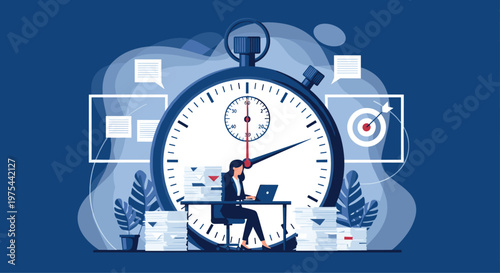 Focused businesswoman works at a desk in front of a giant stopwatch symbolizing tight deadlines and effective time management skills.