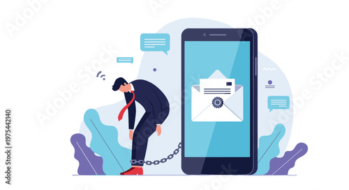 Exhausted office worker chained to a giant smartphone with an email notification showing the burden of digital communication stress.