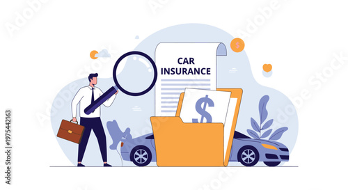 Man in professional attire uses a magnifying glass to inspect car insurance documents next to a vehicle for financial safety checks.