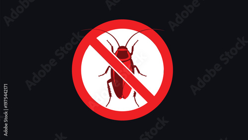 Clear warning sign with a red prohibition symbol over a brown cockroach silhouette on a dark navy blue background.