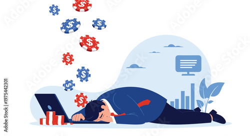 Tired businessman slumps over a laptop with falling casino chips from the screen illustrating the dangers of online gambling addiction.