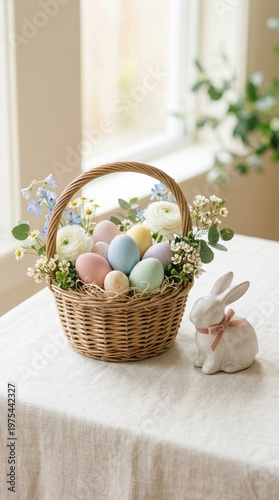 Wicker basket with pastel Easter eggs and spring flowers on table with ceramic bunny figurine near window. Easter celebration and spring season concept. 