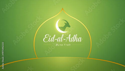 A vibrant green graphic celebrating Eid-al-Adha with a crescent moon and goat silhouette