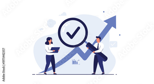 Business team uses a large magnifying glass to inspect a growth graph with a giant checkmark for successful data analysis results.