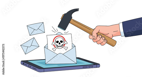 Man uses a hammer to smash a malicious phishing email with a skull symbol on a mobile tablet representing cybersecurity protection.