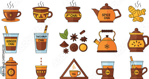 Chai Tea Vector Set Ginger Spice Indian Tea Cups and Kettle Illustration