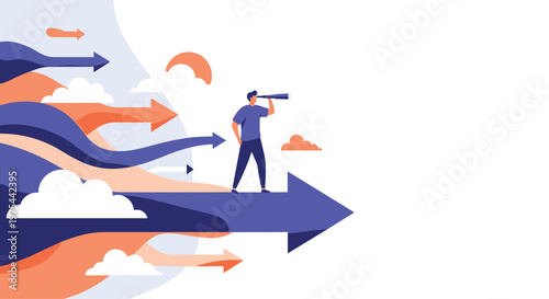 Strategic businessman with telescope standing on giant arrow among others to find the best direction for success.