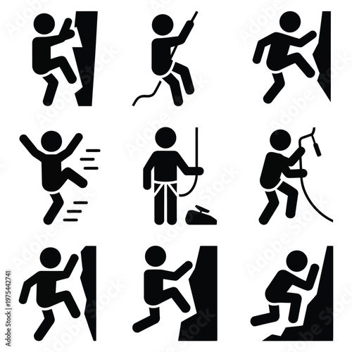 Rock climbing and wall climbing silhouette icons, set of human figures climbing indoor and outdoor walls, strength and endurance theme