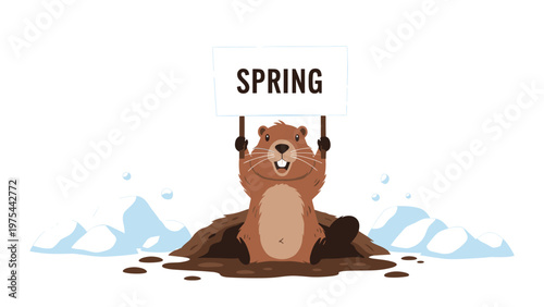 Groundhog coming out of its burrow in the snow holding a sign that says SPRING, celebrating Groundhog Day and the arrival of warmth.