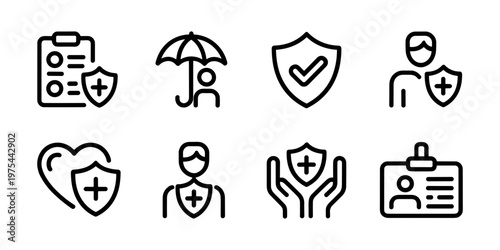 Black and white line of healthcare protection and safety symbols line black and white shield  in white background