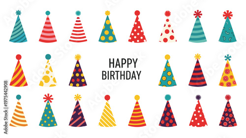 Large collection of colorful birthday party hats with different patterns and pom-poms, perfect for festive celebration and greeting cards.