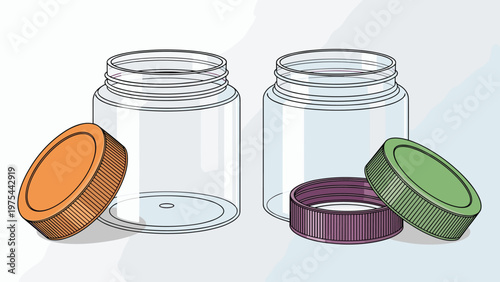 Two empty clear plastic cosmetic jars with colorful orange and green screw lids, great for packaging and beauty product concepts.