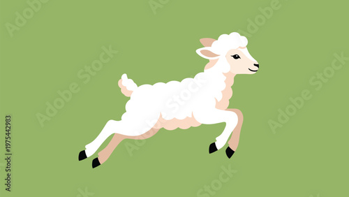 Cute fluffy white lamb character jumping playfully on a bright green background, representing spring, farming, and innocent animals.