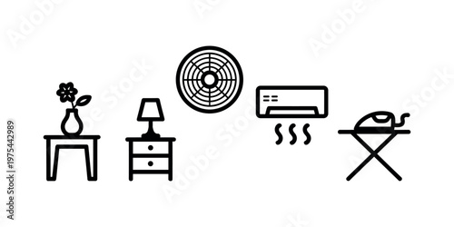 Black and white line of household including a table with a vase of flowers a nightstand with a lamp a fan an air conditioner and an ironing board with an iron