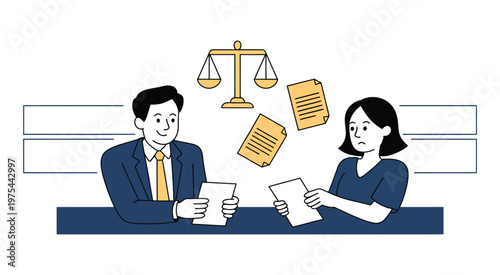 Lawyer explaining legal documents and processes to a concerned female client during consultation, professional office setting, legal advice and client meeting concept, high quality detailed modern vec