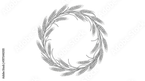 Circle frame or wreath design made of detailed wheat ears and stalks in line art style, symbolizing harvest, bread, and agriculture.