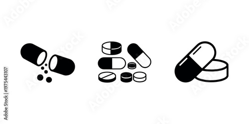 Black and white of various pills and capsules medication healthcare pharmacy