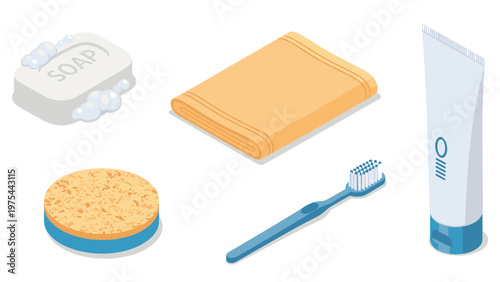 Set of bathroom and personal hygiene essentials including soap with bubbles, a towel, a sponge, a toothbrush, and toothpaste.