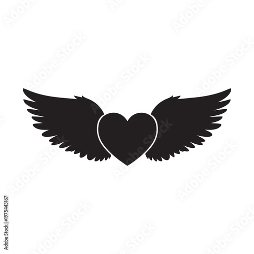 Heart wings silhouette vector art white background
