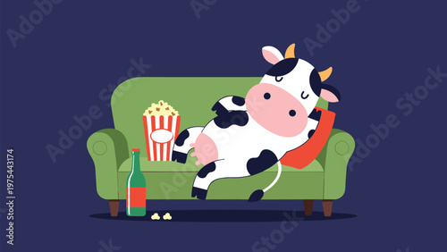 Funny cartoon cow sleeping peacefully on a green sofa with a bucket of popcorn and a bottle, representing relaxation and leisure.