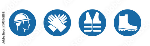 PPE required caution sign, personal protective equipment icons set for industry and construction working areas, featuring isolated vector symbols such as helmets, gloves, goggles, masks, 