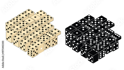 Large groups of ivory and black six-sided gaming dice shown in an isometric view, perfect for board games, gambling, and luck themes.