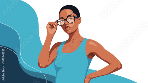 Confident African American woman with stylish short hair wearing glasses and a blue tank top over a colorful abstract background.