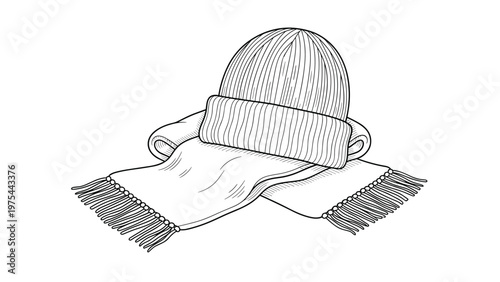 Classic winter clothing accessories including a knitted beanie hat and a fringed scarf depicted in a detailed line art style.