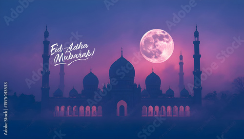 A serene mosque silhouette under a full moon with Eid Mubarak greeting