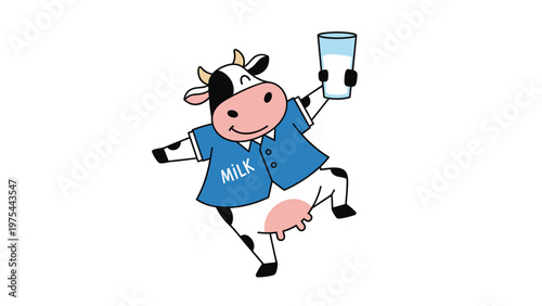 Joyful cartoon cow wearing a blue shirt and holding a tall glass of fresh milk, representing dairy products and farm life.