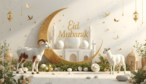 A festive Eid Mubarak scene with a golden crescent moon, goats, and a mosque in the background.