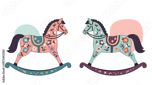 Pair of vintage-style rocking horses decorated with beautiful floral patterns in soft pastel colors, ideal for nursery decor.