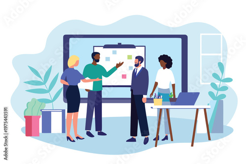 Diverse team collaborates during a video conference meeting in office