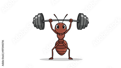Strong cartoon ant character lifting a heavy barbell over its head, representing strength, determination, and hard work.