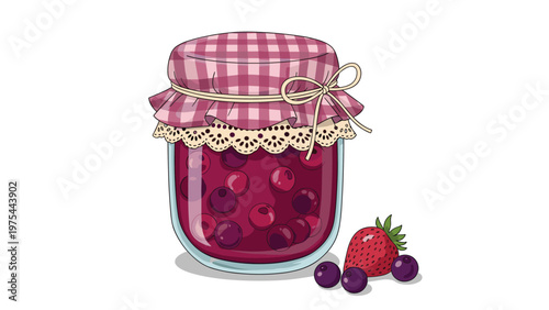 Homemade berry jam in a glass jar decorated with a checkered cloth lid, accompanied by fresh strawberries and blueberries.