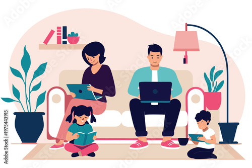 Family enjoying leisure time and learning at home together