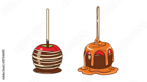Two candy apples on wooden sticks are covered in thick chocolate and caramel coatings to represent festive treats and autumn snacks.