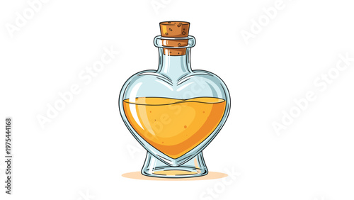 Heart-shaped glass bottle filled with a mysterious golden potion or liquid is sealed with a wooden cork against a white background.