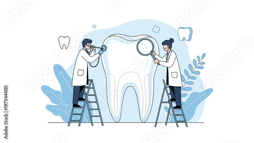 Team of miniature dental professionals uses a magnifying glass and stethoscope to examine a giant human tooth model for health care.