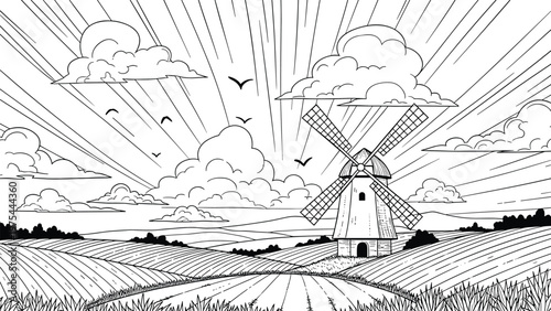 Beautiful rural landscape sketch features a traditional windmill in a vast field under a sunlit sky with fluffy clouds and birds.