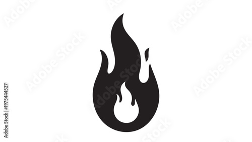Stylized black flame icon on a clean white background, representing heat, energy, passion, and warmth, perfect for modern graphic design and branding elements.