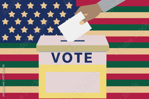 A hand depositing a ballot into a voting box with us flag