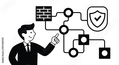 Man explaining complex network security diagram, showing firewalls and data flow, IT infrastructure and cybersecurity concept