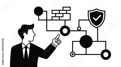 Man explaining complex network security diagram, showing firewalls and data flow, IT infrastructure and cybersecurity concept