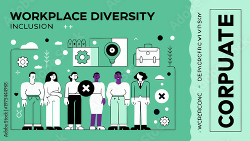 Diverse colleagues standing together in inclusive workplace with equality symbols and green background