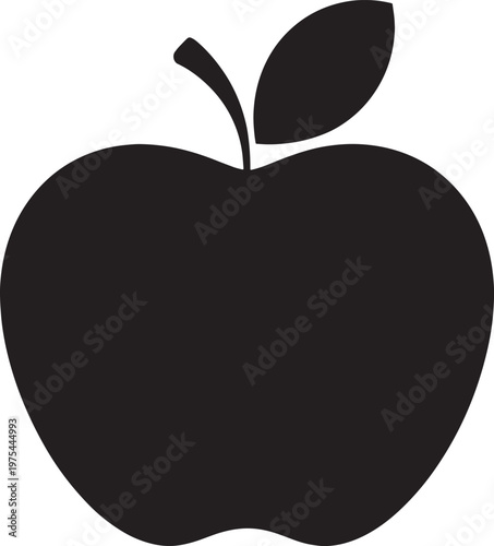 Black Silhouette of an Apple with a Stem and Leaf on a White Background
